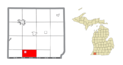 Location within Cass County (red) and the administered village of Edwardsburg (pink)