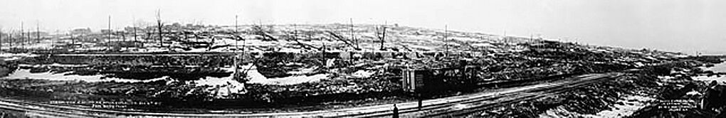 Panoramic view of damage to Halifax waterfront after Halifax Explosion, 1917