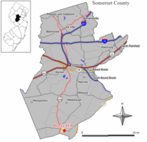 Map of Rocky Hill in Somerset County. Inset: Location of Somerset County highlighted in the State of New Jersey.