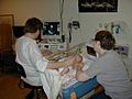 Sonographer doing pediatric echocardiography