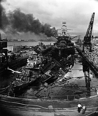 USS Downes (DD-375), USS Cassin (DD-372) and USS Pennsylvania (BB-38) in Dry Dock No. 1 at the Pearl Harbor Naval Shipyard, 7 December 1941 (306533)