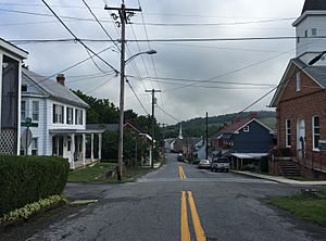 2016-07-29 08 33 45 View north along Maryland State Route 858 (Main Street) at Rohrersville School Road in Rohrersville, Washington County, Maryland