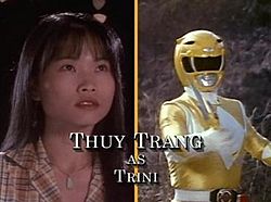A screenshot of Thuy Trang's screen credit as Trini the Yellow Ranger on the television series Mighty Morphin Power Rangers