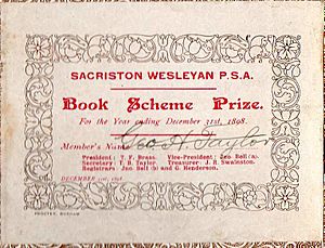 Bookplate of a Sacriston Wesleyan P.S.A. Book Scheme Prize awarded to George Taylor on December 31, 1898 by - from, Gulliver's Travels and Other Works dated 1890