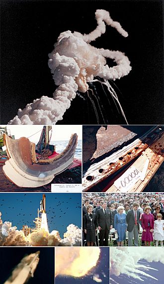 A montage of several stages of the shuttle's preparation, flight, and explosion
