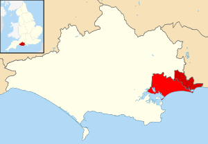 Location of former Christchurch borough (dark red) within Bournemouth, Christchurch and Poole (red)