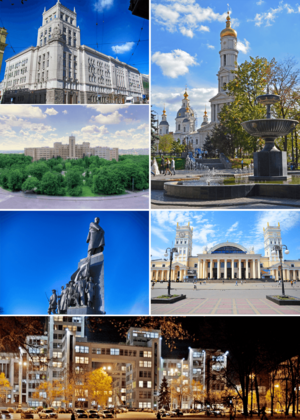 Counterclockwise: Assumption Cathedral (big image), Kharkiv city council, National University of Kharkiv, Taras Shevchenko monument, Kharkiv Railway station, Derzhprom
