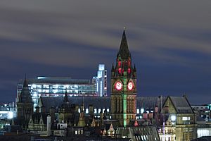 Manchester Town Hall by night from Renaissance Hotel