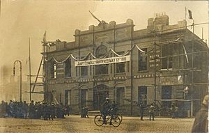 Postcard of Liberty Hall with a banner reading "James Connolly Murdered May 12th 1916"