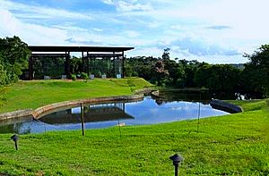 Reflecting pool and visitor center at the Dr. Daisaku Ikeda Park in Londrina Brazil