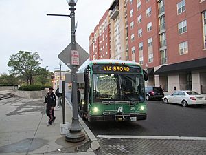 Southbound R-Line bus on Park Row West, October 2014