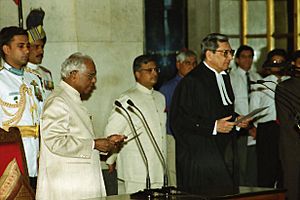 The President of India, K. R. Narayanan administering the oath of office of the Chief Justice of India to Sam Piroj Bharucha at the Ashok Hall of the Rashtrapati Bhavan