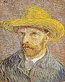  A portrait of Vincent van Gogh from the left, with a relaxed look, a red beard and wearing a straw hat.
