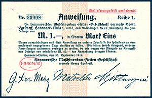1916-09-30 Anweisung Reihe 1 Nr. 33008 Hannoversche Maschinenbau-Actien-Gesellschaft Hanomag Mark 1 Gustav ter Meer Erich Metzeltin