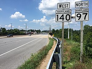 2016-08-20 13 51 15 View north along Maryland State Route 97 and west along Maryland State Route 140 (Baltimore Boulevard) at Maryland State Route 27 (Manchester Road) in Westminster, Carroll County, Maryland