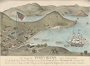 A view of Yerba Buena (San Francisco). On July 9, 1846, Capt. Montgomery of the Sloop of War Portsmouth, raised the American Flag in the plaza and seized the region of the United States LCCN2004666425