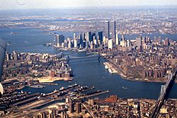 Aerial view of East River, Lower Manhattan, New York Harbor, 1981