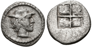 Alexander I of Macedon, silver obol; struck circa 460–450 BC.png