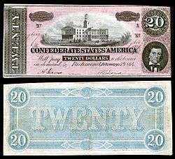 Tennessee State Capitol depicted on an 1864 Confederate $20 banknote