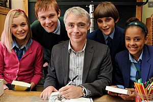 Eoin Colfer with the cast of Half Moon Investigations