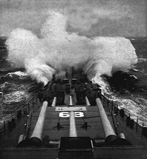 Forecastle of USS Missouri (BB-63) in heavy seas c1951