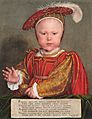 Painting of Prince Edward as a baby, depicted with regal splendour and a kingly gesture. He is dressed in red and gold, and a hat with ostrich plume. His face has delicate features, chubby cheeks and a fringe of red-gold hair.
