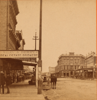Looking south along Main Street from just north of Temple, Los Angeles, from Robert N. Dennis collection of stereoscopic views (crop)