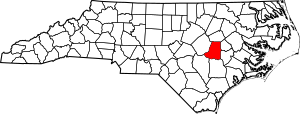 Map of North Carolina highlighting Wayne County