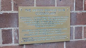 Plaque at entrance, Montpelier House, United Services Club Premises, Wickham Terrace, Spring Hill, Brisbane, 2015