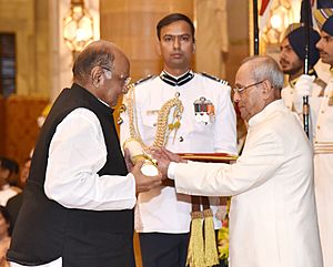 The President, Shri Pranab Mukherjee presenting the Padma Vibhushan Award to Shri Sharadchandra Govindrao Pawar, at a Civil Investiture Ceremony, at Rashtrapati Bhavan, in New Delhi on March 30, 2017