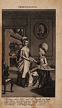 Etching showing a mistress giving a servant a copy of the book. The caption reads "The fair, who's wise and oft consults our books, and thence directions gives her prudent cook with chociest viands, has her table crowned, and health, with frugal ellegance is found"