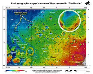 The route of 'The Martian' - from Chryse Planitia over Arabia Terra in the Martian highlands to Ares 4