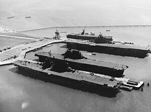USS Saratoga (CV-3), USS Enterprise (CV-6), USS Hornet (CV-12) and USS San Jacinto (CVL-30) docked at Alameda in September 1945 (80-G-701512)