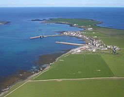 An aerial view of Whitehall, with Grice Ness at the end of Stronsay's north-eastern peninsula