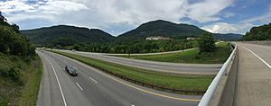 2017-06-12 15 41 00 Panorama of Cumberland Gap on the border of Kentucky and Virginia from the junction of U.S. Route 25E and U.S. Route 58 in the town of Cumberland Gap, Claiborne County, Tennessee