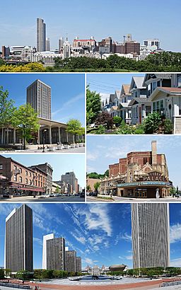 A medley of different scenes to represent the diversity of the city. At top is a photo of the city's skyline, juxtaposing modern towers from the 1960s with older buildings dating back to sex the 19th century. Above center, right shows cookie-cutter, single-family houses, all two-stories with porches. Below center, right shows the marquee of a buff- and red-brick theater; marquee reads "PALACE". Bottom is a panoramic view of an open courtyard split by reflecting pools and surrounded by four modern, glass and concrete towers on left and one taller tower on right; in center is a Romanesque, granite, five-story capitol building. Below center, left shows a city street populated with old brick buildings. Above center, left shows a modern, glass and concrete tower surrounded by a shorter building of the same style.