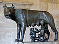 Photograph of the sculpture Capitoline Wolf showing of the mythical she-wolf feeding the twins Romulus and Remus