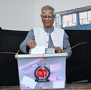 Chief Advisor Professor Muhammad Yunus casts his vote in the Referendum 2026 and the 13th National Parliament Elections at the Gulshan Model School and College polling station on 12 February 2026