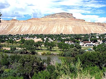 Grand Junction, Colorado with the Colorado River in the foreground and Mount Garfield in the background