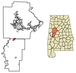 Location of Moundville in Hale County and Tuscaloosa County, Alabama.