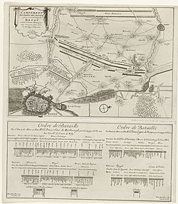 Ligging van de Geallieerden bij het beleg van Douai, 1710 Campement de l'armée des Alliez pour couvrir le siege de Douay contre l'armée Françoise qui vint pour faire lever de dit siege, en Juin 1710 (titel op object), RP-P-OB-83.425