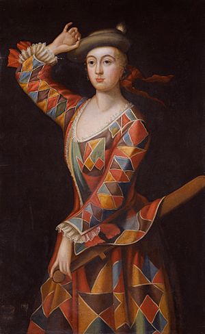 Mrs Hester Booth, nee Santlow (circa 1690–1773) dressed as a harlequin, attributed to John Ellys
