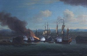 Richard Paton (1717-1791) - The Destruction of Two Sallee Rovers by the 'Rose' and the 'Shoreham' in Mogador Bay, 1734 - 1401181 - National Trust