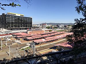 Roma Street railway station seen from upper Albert Street, Brisbane