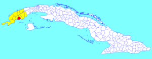 San Luis municipality (red) within  Pinar del Río Province (yellow) and Cuba