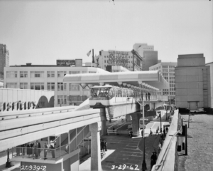Seattle Monorail at downtown station, 1962