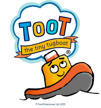 A cartoon tugboat smiles beneath a steam cloud that reads "TOOT the tiny tugboat" in bright colours.