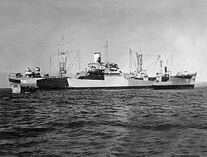 USS Cepheus (AKA-18) during amphibious operations off Honolulu, Hawaii (USA), circa in February 1945