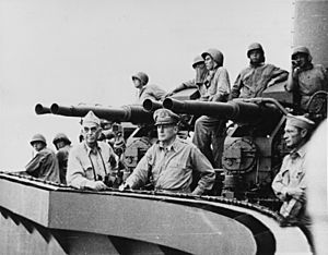 Vice Admiral Kinkaid and General MacArthur on board USS Phoenix (CL-46), 28 February 1944 (SC 188839)