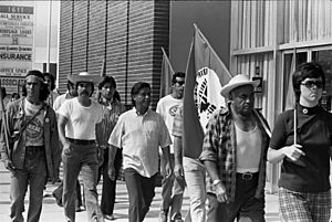 Cesar Chavez on march from Mexican border to Sacramento with UFW workers